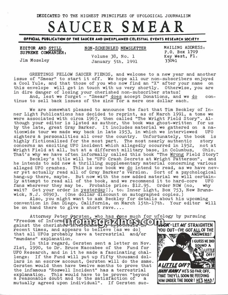 Cover of SAUCER AND UNEXPLAINED CELESTIAL EVENTS RESEARCH SOCIETY issue Volume 38, No. 1: SAUCER SMEAR