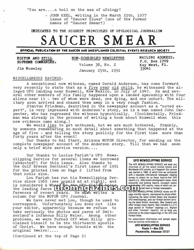 Cover of SAUCER AND UNEXPLAINED CELESTIAL EVENTS RESEARCH SOCIETY issue Volume 38, No. 2: SAUCER SMEAR