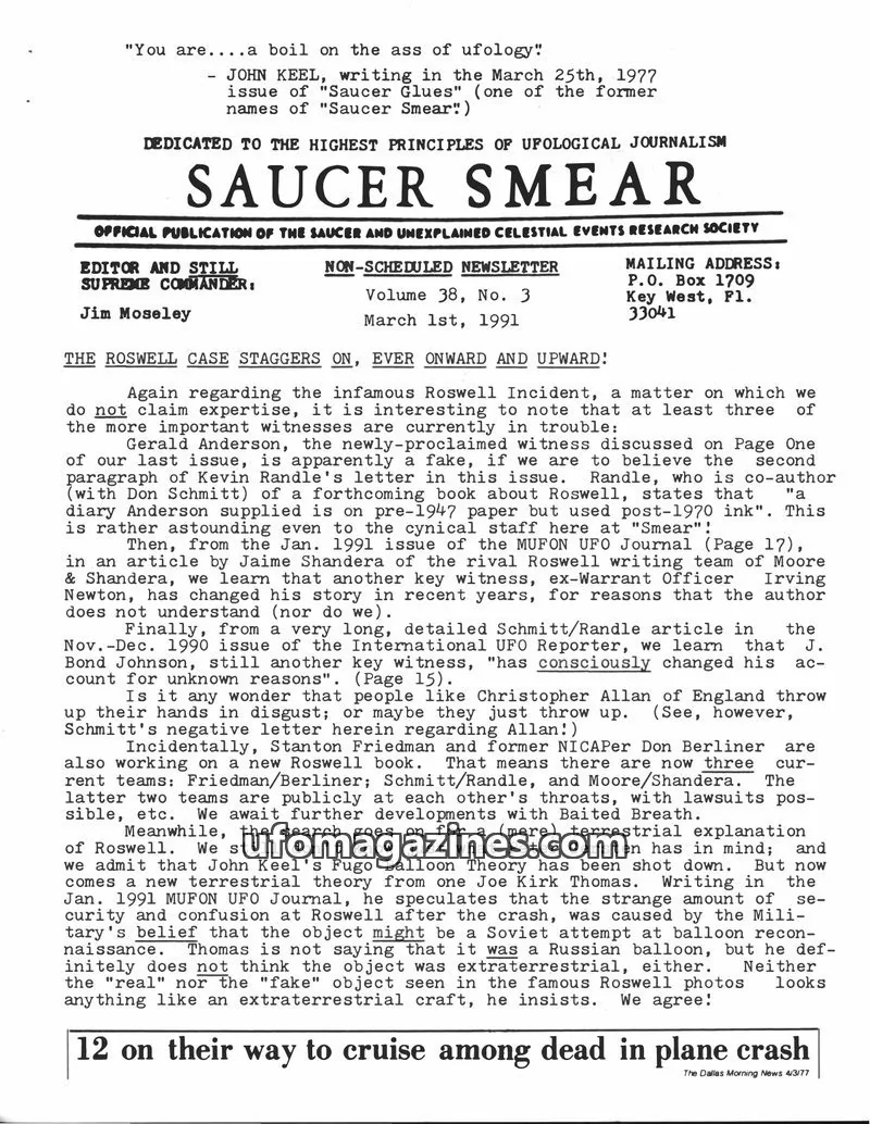 Cover of The Saucer and Unexplained Celestial Events Research Society issue Volume 38, No. 3: SAUCER SMEAR