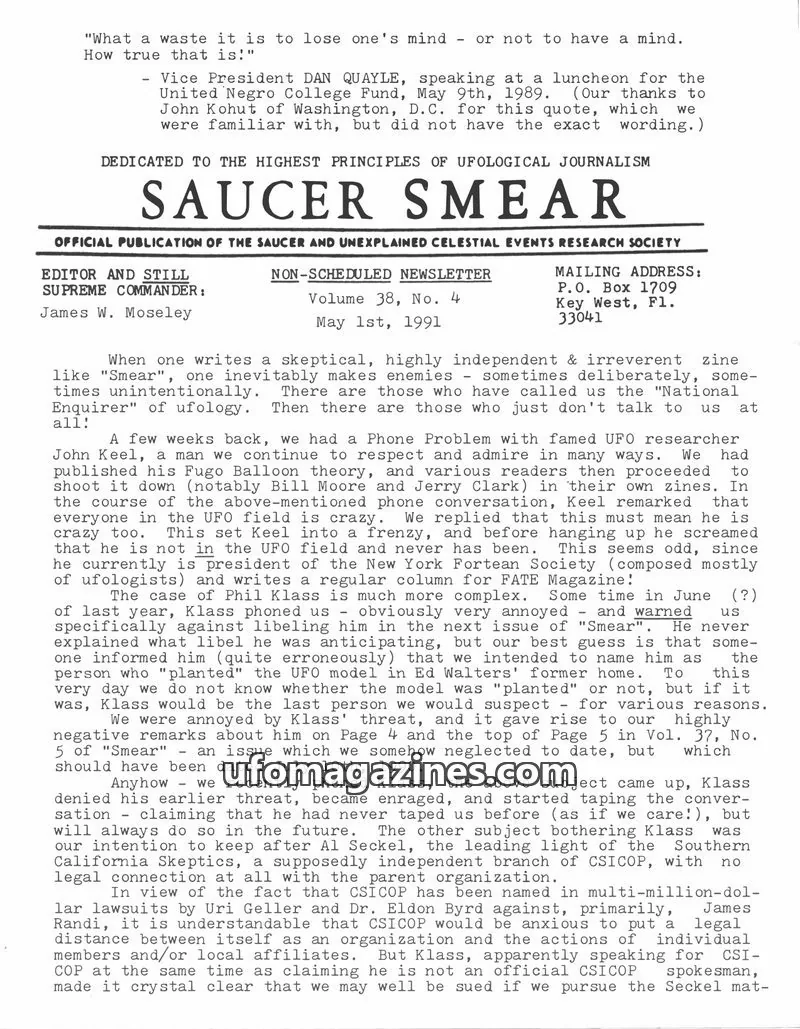 Cover of SAUCER AND UNEXPLAINED CELESTIAL EVENTS RESEARCH SOCIETY issue Volume 38, No. 4: SAUCER SMEAR