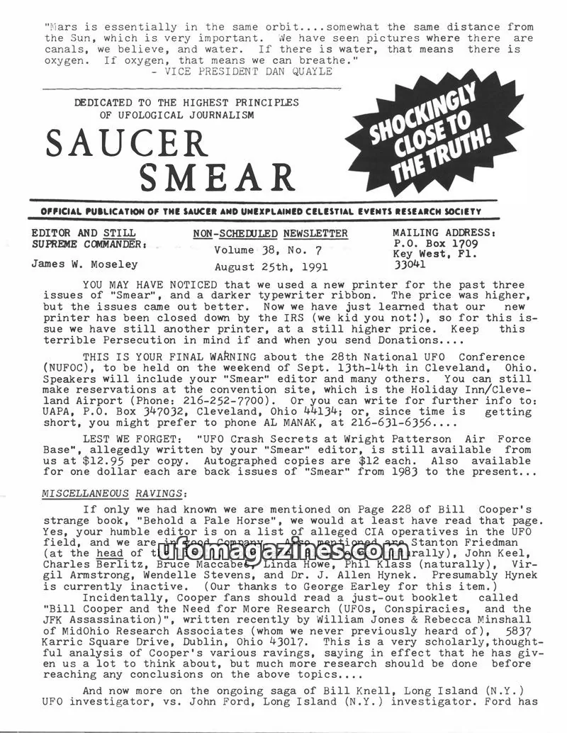 Cover of Saucer Smear (Jim Moseley) issue Volume 38, No. 7: SAUCER SMEAR