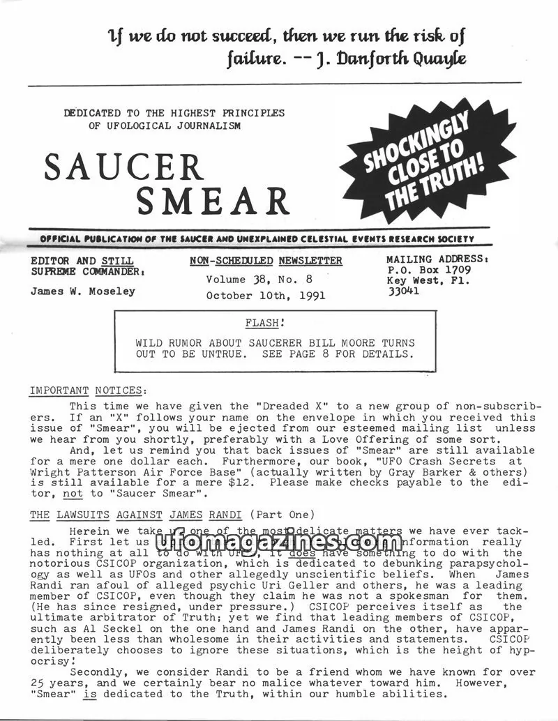 Cover of SAUCER AND UNEXPLAINED CELESTIAL EVENTS RESEARCH SOCIETY issue Volume 38, No. 8: SAUCER SMEAR