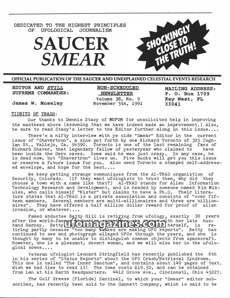Cover of Saucer Smear (Jim Moseley) issue Volume 38, No. 9: SAUCER SMEAR