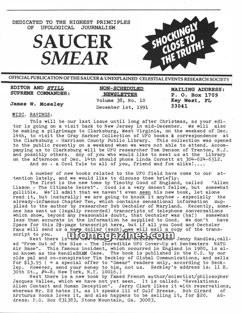 Cover of OFFICIAL PUBLICATION OF THE SAUCER & UNEXPLAINED CELESTIAL EVENTS RESEARCH SOCIETY issue Volume 38, No. 10: SAUCER SMEAR