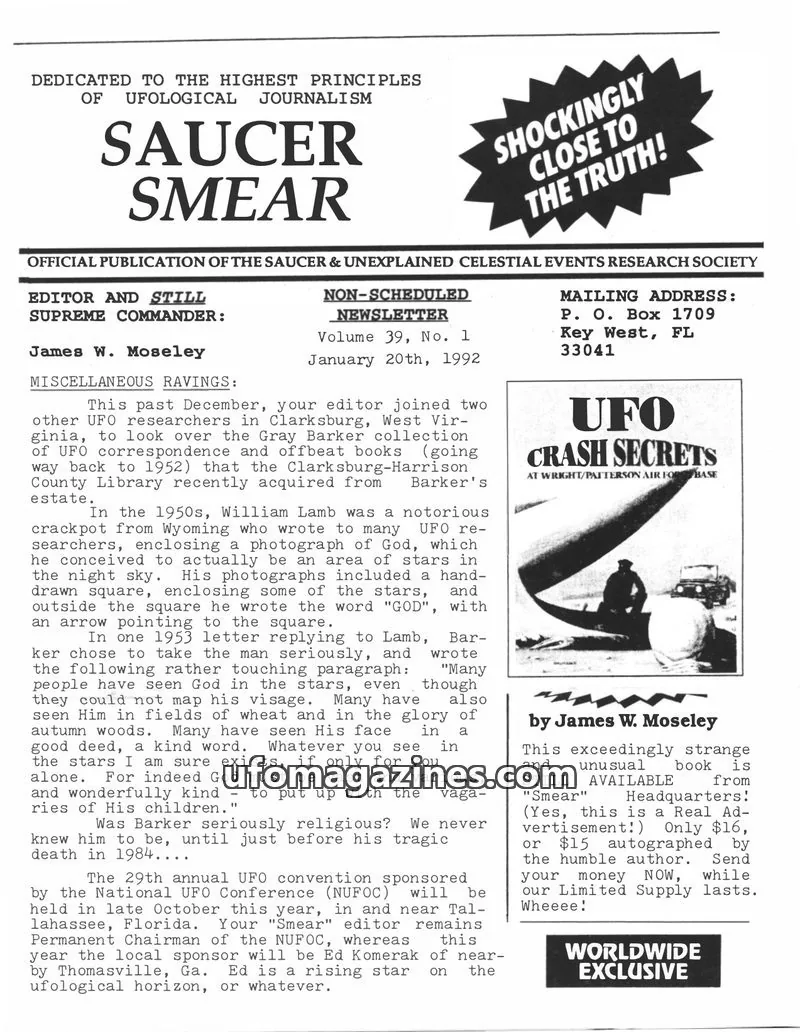 Cover of SAUCER & UNEXPLAINED CELESTIAL EVENTS RESEARCH SOCIETY issue Volume 39, No. 1: SAUCER SMEAR