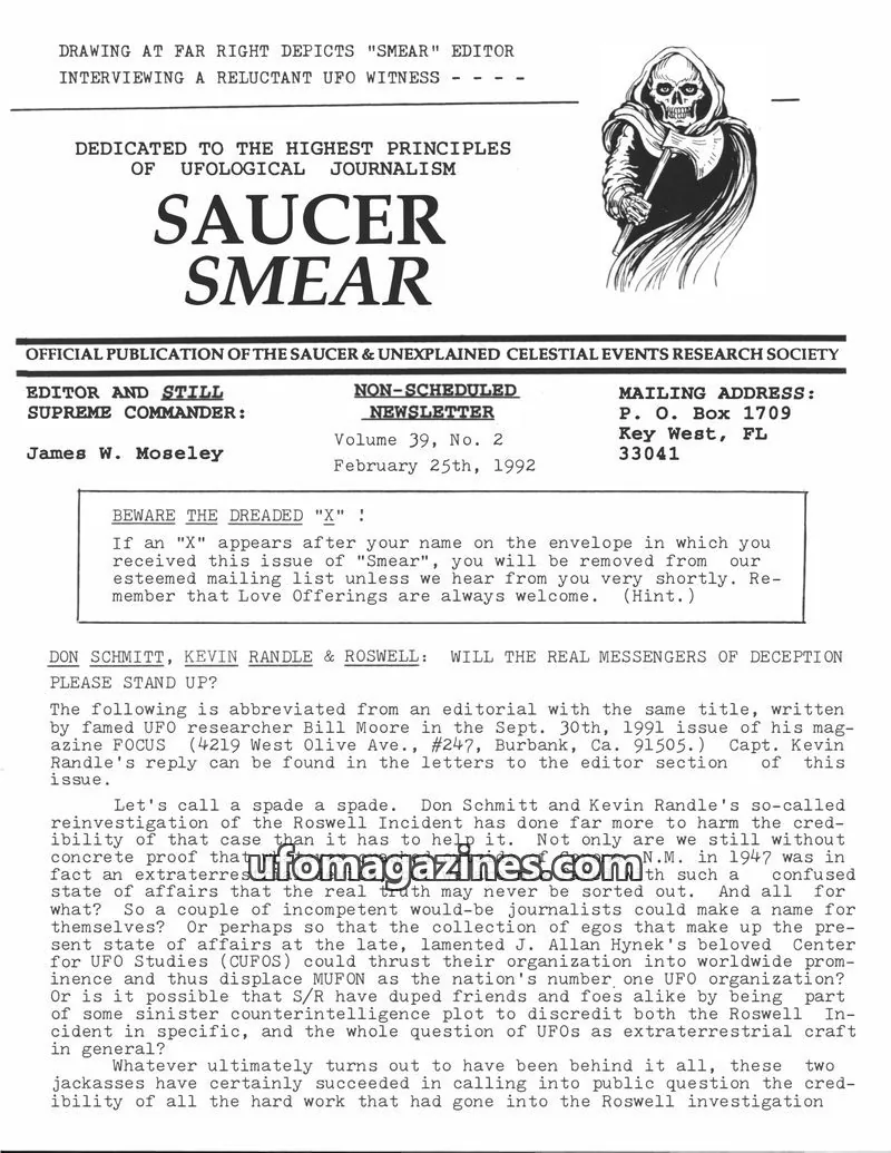 Cover of SAUCER & UNEXPLAINED CELESTIAL EVENTS RESEARCH SOCIETY issue Vol. 39, No. 2: SAUCER SMEAR
