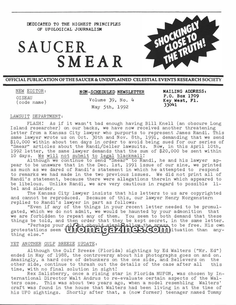 Cover of OFFICIAL PUBLICATION OF THE SAUCER & UNEXPLAINED CELESTIAL EVENTS RESEARCH SOCIETY issue Volume 39, No. 4: SAUCER SMEAR