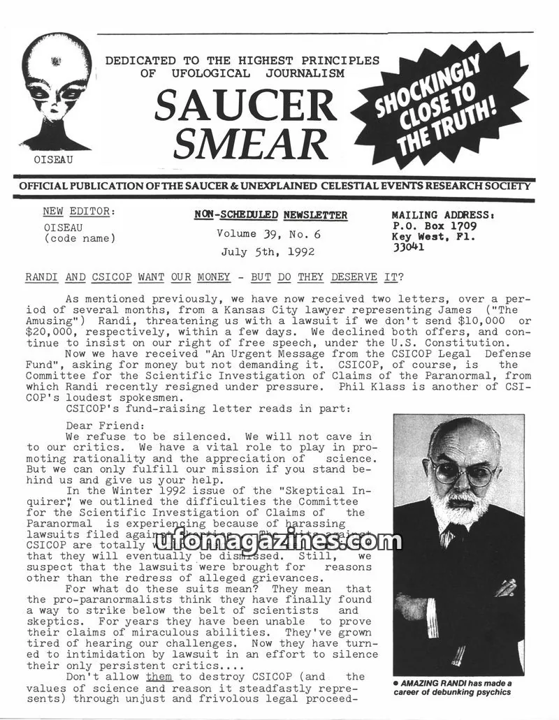 Cover of Saucer Smear (Jim Moseley) issue Volume 39, No. 6: SAUCER SMEAR