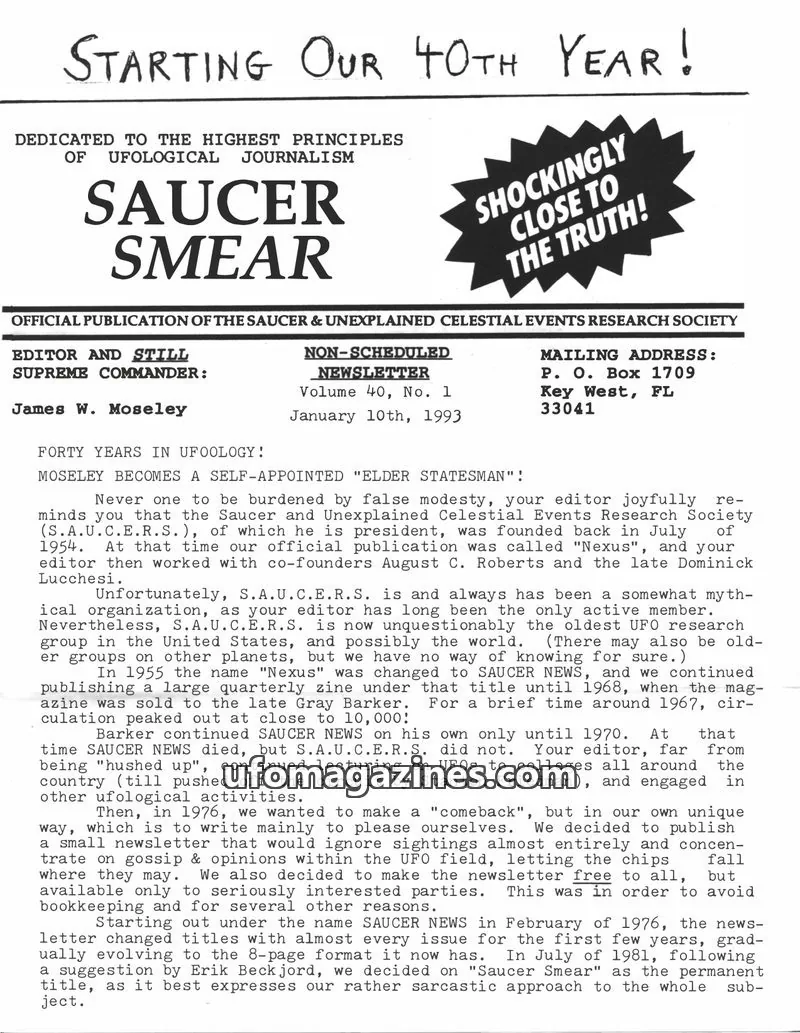 Cover of SAUCER & UNEXPLAINED CELESTIAL EVENTS RESEARCH SOCIETY issue Volume 40, No. 1: SAUCER SMEAR
