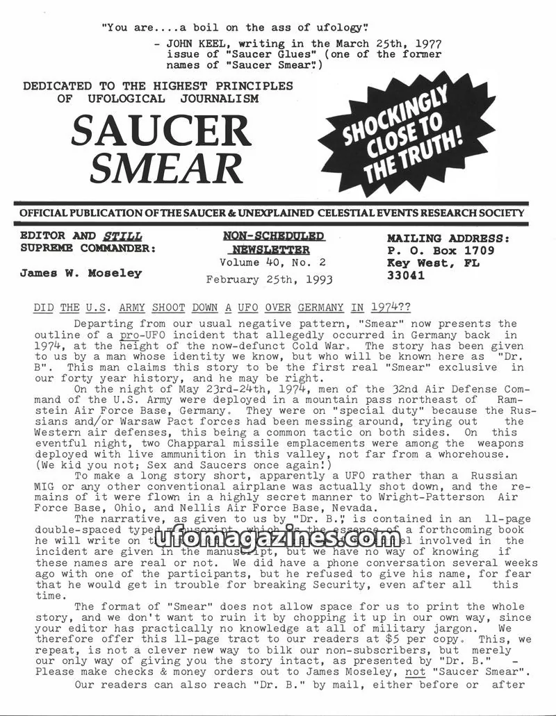 Cover of SAUCER & UNEXPLAINED CELESTIAL EVENTS RESEARCH SOCIETY issue Volume 40, No. 2: SAUCER SMEAR