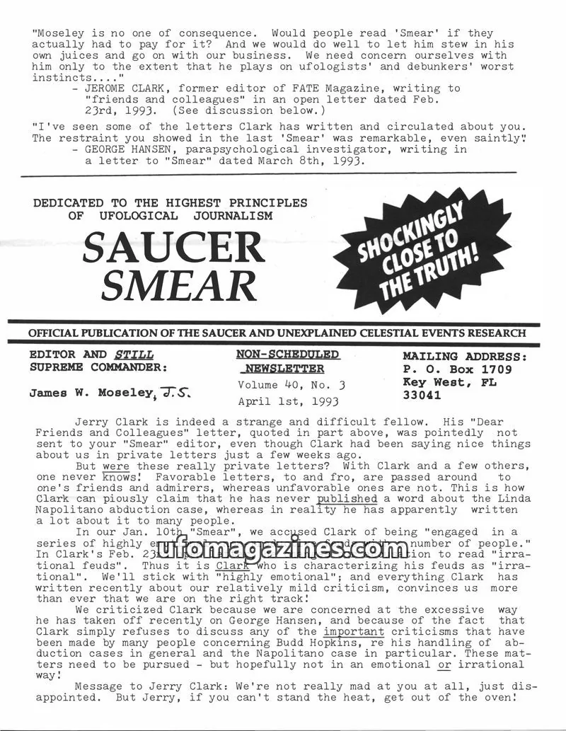 Cover of Saucer Smear (Jim Moseley) issue Volume 40, No. 3: SAUCER SMEAR
