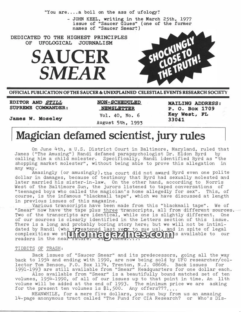 Cover of OFFICIAL PUBLICATION OF THE SAUCER & UNEXPLAINED CELESTIAL EVENTS RESEARCH SOCIETY issue Vol. 40, No. 6: SAUCER SMEAR