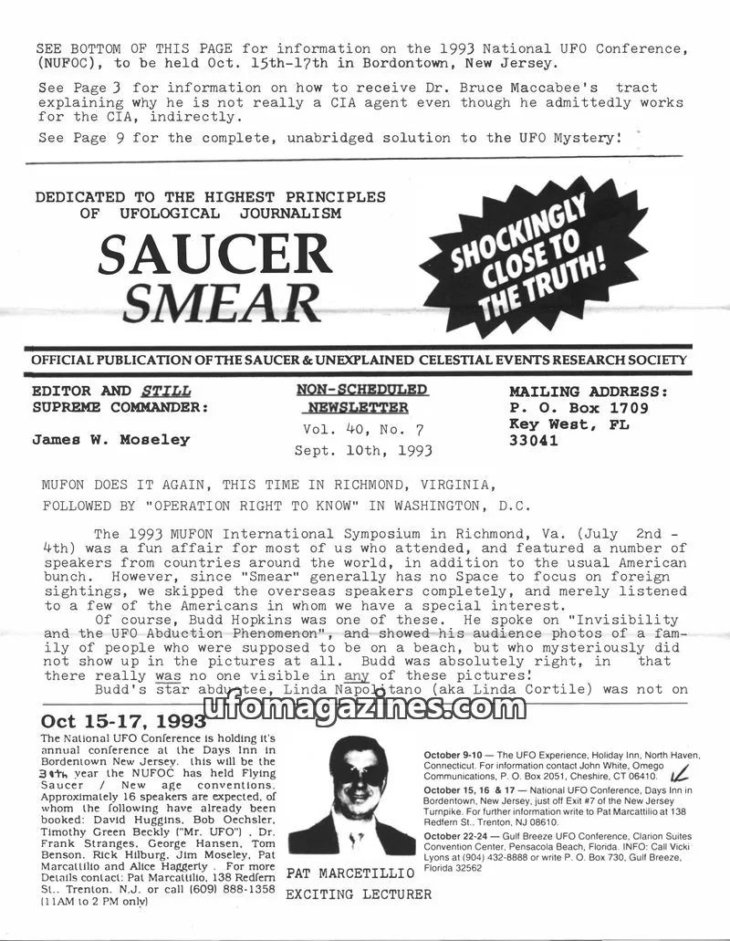 Cover of SAUCER & UNEXPLAINED CELESTIAL EVENTS RESEARCH SOCIETY issue Vol. 40, No. 7: SAUCER SMEAR