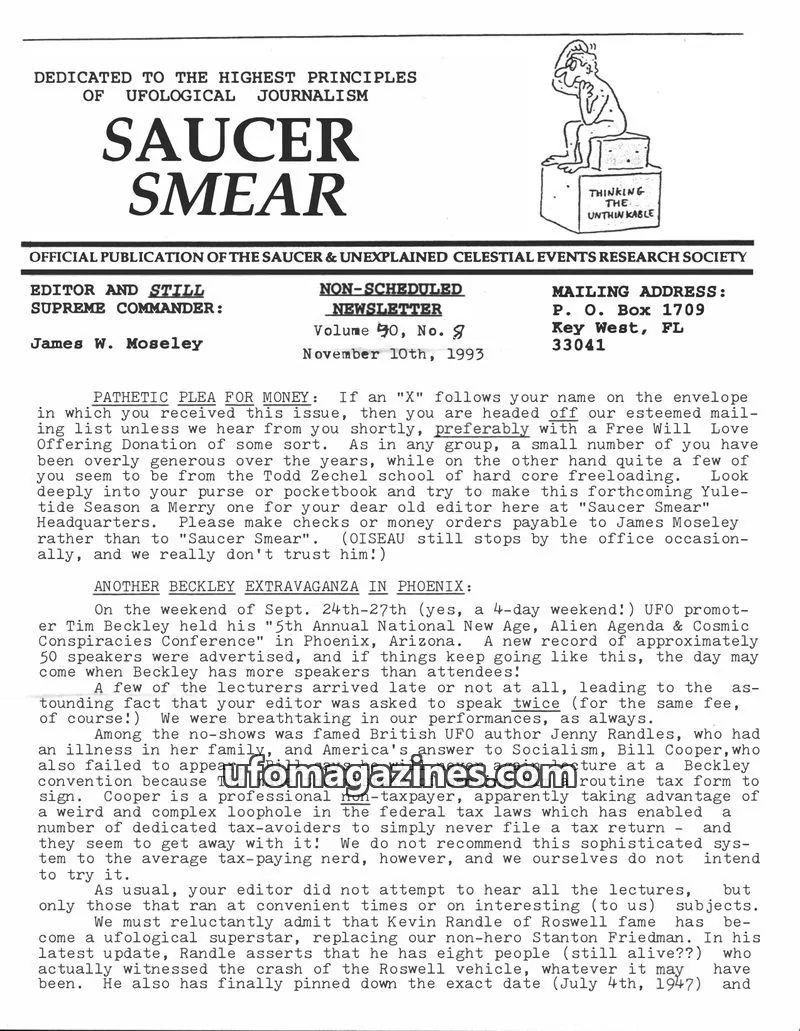 Cover of OFFICIAL PUBLICATION OF THE SAUCER & UNEXPLAINED CELESTIAL EVENTS RESEARCH SOCIETY issue Volume 40, No. 9: SAUCER SMEAR