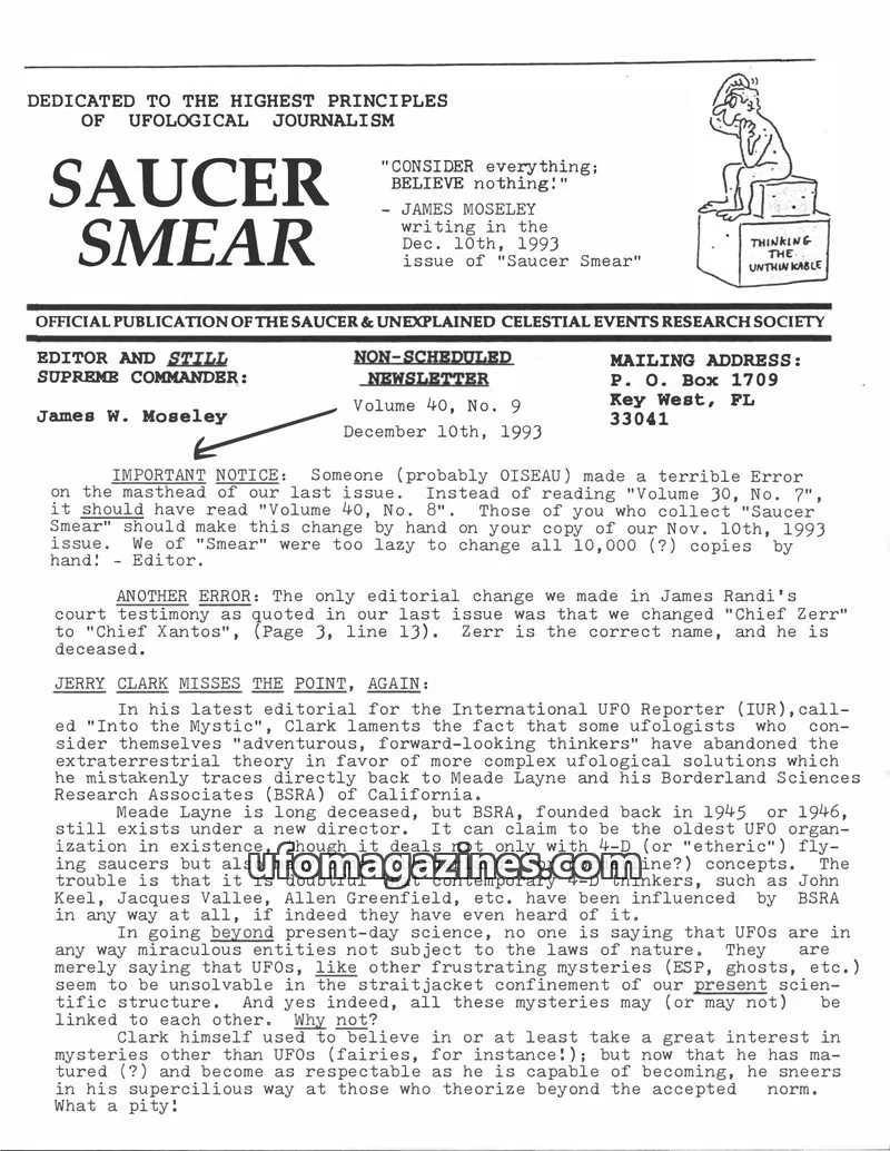 Cover of SAUCER & UNEXPLAINED CELESTIAL EVENTS RESEARCH SOCIETY issue Volume 40, No. 9: SAUCER SMEAR