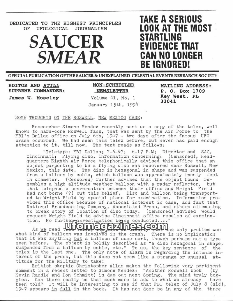 Cover of SAUCER & UNEXPLAINED CELESTIAL EVENTS RESEARCH SOCIETY issue Volume 41, No. 1: SAUCER SMEAR