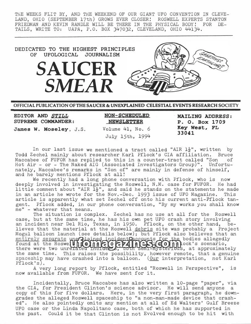 Cover of OFFICIAL PUBLICATION OF THE SAUCER & UNEXPLAINED CELESTIAL EVENTS RESEARCH SOCIETY issue Volume 41, No. 6: SAUCER SMEAR