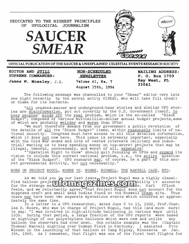 Cover of SAUCER & UNEXPLAINED CELESTIAL EVENTS RESEARCH SOCIETY issue Volume 41, No. 7: SAUCER SMEAR
