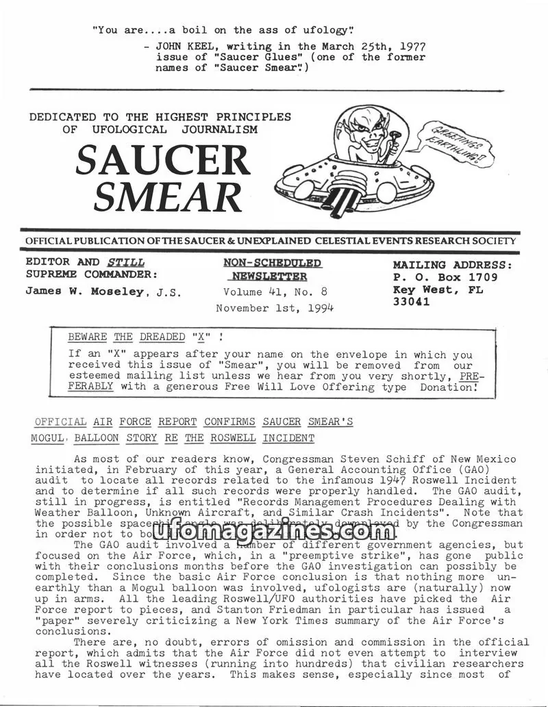 Cover of SAUCER & UNEXPLAINED CELESTIAL EVENTS RESEARCH SOCIETY issue Volume 41, No. 8: SAUCER SMEAR