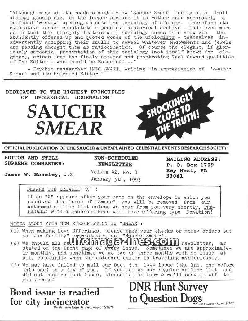Cover of SAUCER & UNEXPLAINED CELESTIAL EVENTS RESEARCH SOCIETY issue Volume 42, No. 1: SAUCER SMEAR