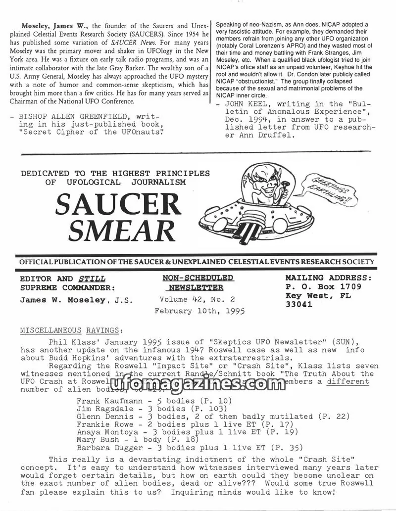 Cover of SAUCER & UNEXPLAINED CELESTIAL EVENTS RESEARCH SOCIETY issue 42, No. 2: SAUCER SMEAR