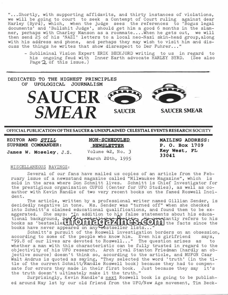 Cover of SAUCER & UNEXPLAINED CELESTIAL EVENTS RESEARCH SOCIETY issue 42, No. 3: SAUCER SMEAR