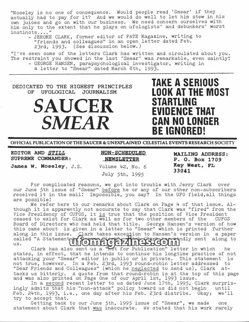 Cover of SAUCER & UNEXPLAINED CELESTIAL EVENTS RESEARCH SOCIETY issue Volume 42, No. 6: SAUCER SMEAR