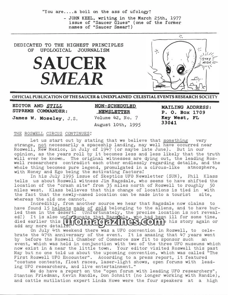 Cover of The Saucer & Unexplained Celestial Events Research Society issue Volume 42, No. 7: SAUCER SMEAR