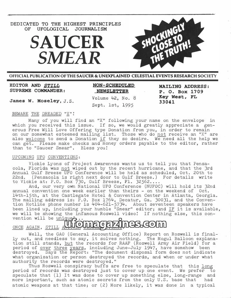 Cover of OFFICIAL PUBLICATION OF THE SAUCER & UNEXPLAINED CELESTIAL EVENTS RESEARCH SOCIETY issue Volume 42, No. 8: SAUCER SMEAR