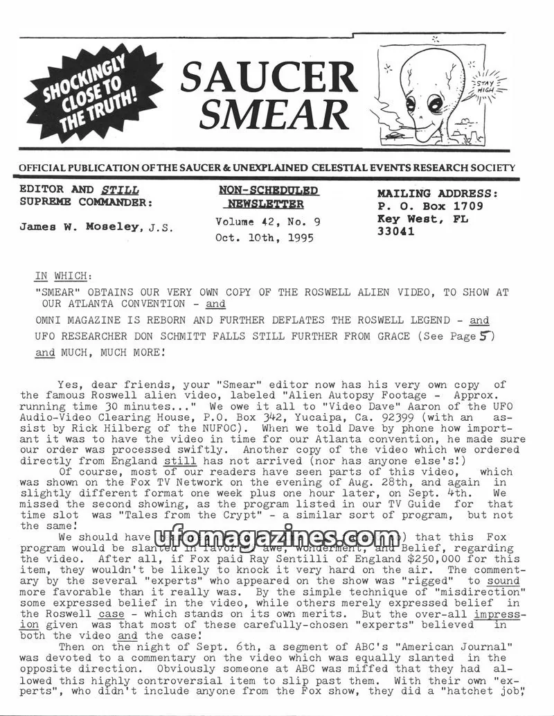 Cover of SAUCER & UNEXPLAINED CELESTIAL EVENTS RESEARCH SOCIETY issue Volume 42, No. 9: SAUCER SMEAR