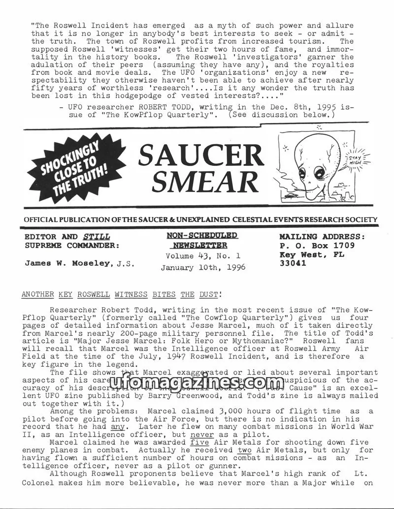 Cover of SAUCER & UNEXPLAINED CELESTIAL EVENTS RESEARCH SOCIETY issue Volume 43, No. 1: SAUCER SMEAR