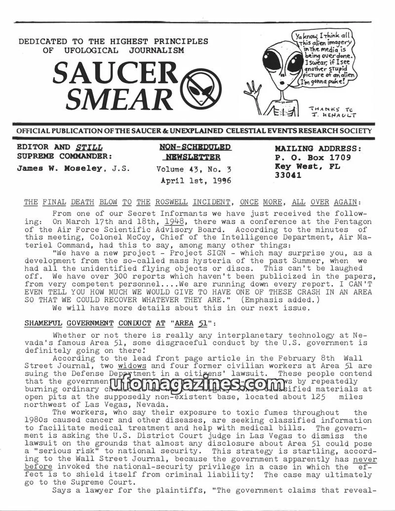 Cover of Saucer Smear (Jim Moseley) issue Volume 43, No. 3: SAUCER SMEAR