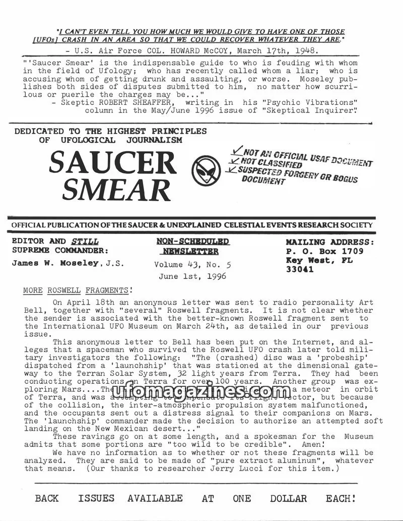Cover of SAUCER & UNEXPLAINED CELESTIAL EVENTS RESEARCH SOCIETY issue Volume 43, No. 5: SAUCER SMEAR