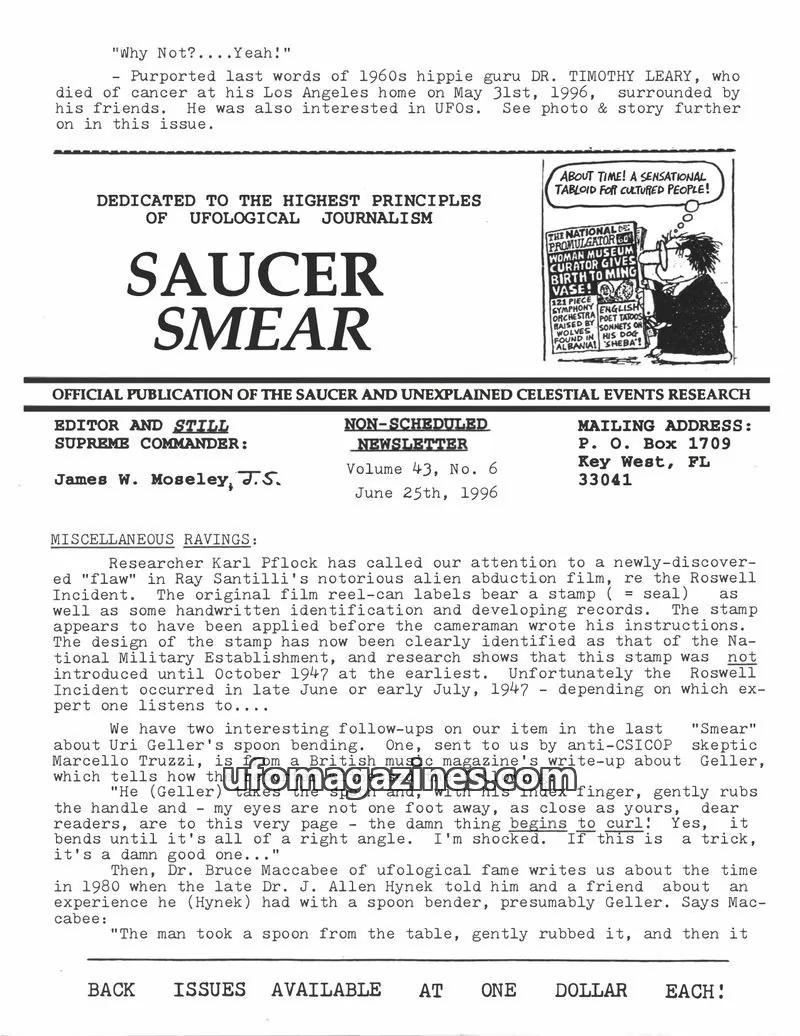 Cover of Saucer Smear (Jim Moseley) issue Volume 43, No. 6: SAUCER SMEAR