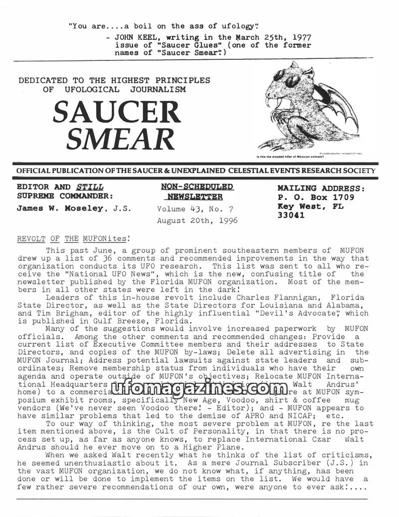 Cover of SAUCER & UNEXPLAINED CELESTIAL EVENTS RESEARCH SOCIETY issue Volume 43, No. 7: SAUCER SMEAR