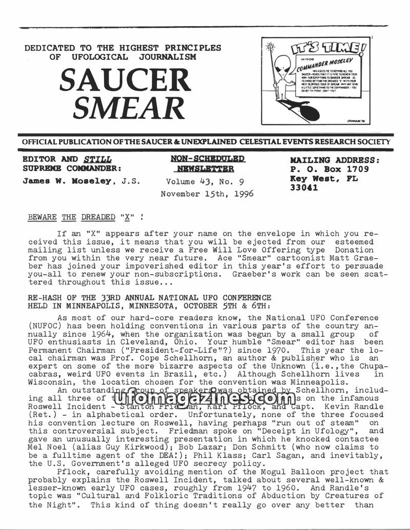 Cover of SAUCER & UNEXPLAINED CELESTIAL EVENTS RESEARCH SOCIETY issue Volume 43, No. 9: SAUCER SMEAR