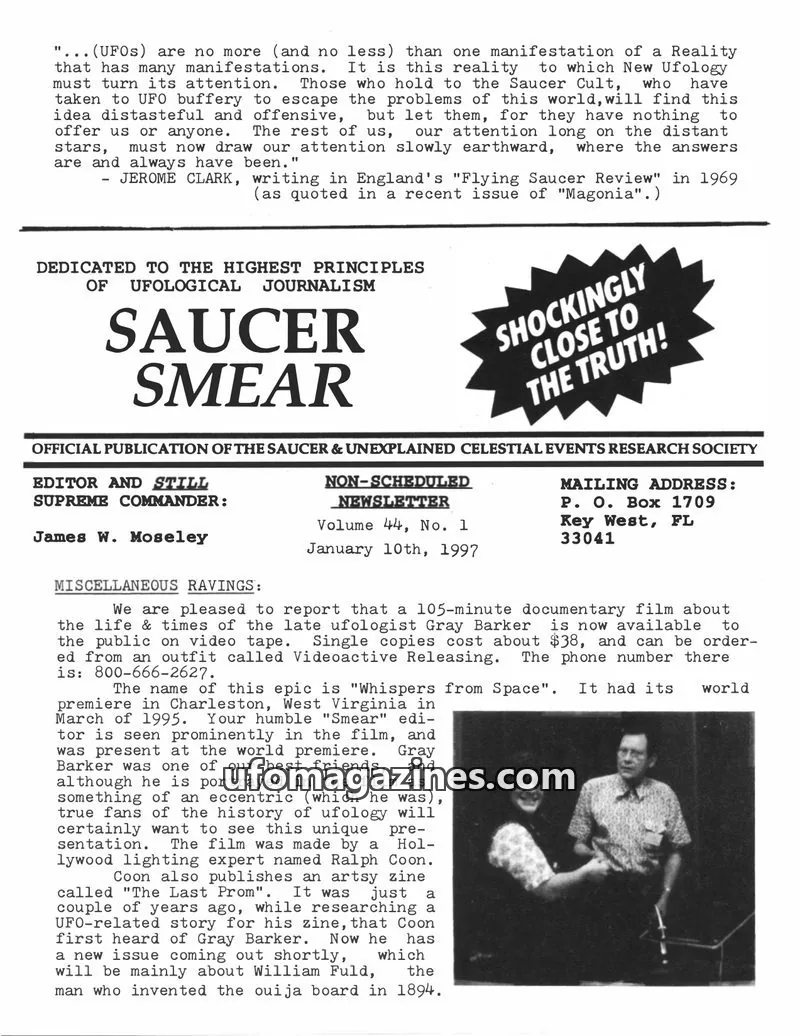 Cover of SAUCER & UNEXPLAINED CELESTIAL EVENTS RESEARCH SOCIETY issue Volume 44, No. 1: SAUCER SMEAR