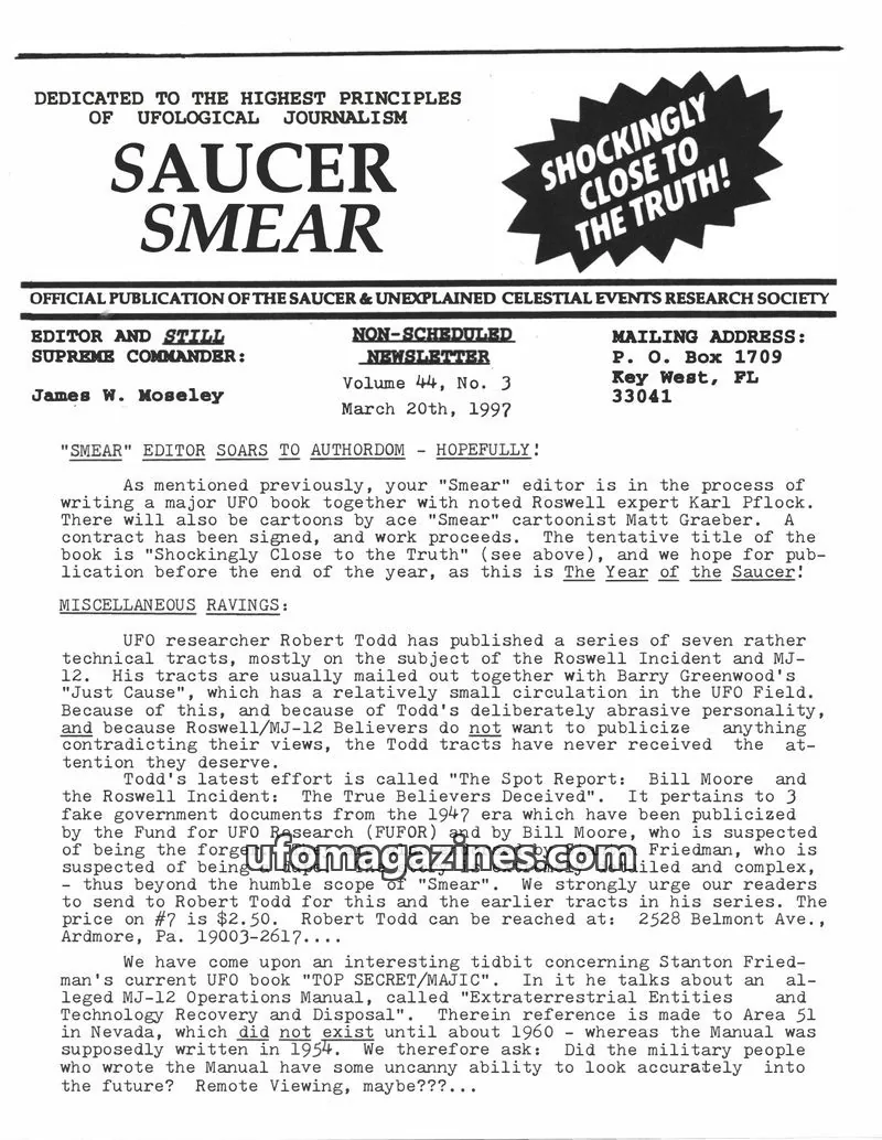 Cover of OFFICIAL PUBLICATION OF THE SAUCER & UNEXPLAINED CELESTIAL EVENTS RESEARCH SOCIETY issue Volume 44, No. 3: SAUCER SMEAR