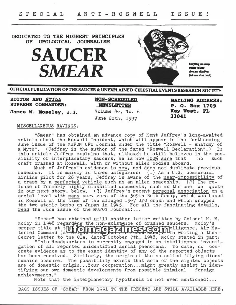 Cover of Saucer Smear (Jim Moseley) issue Volume 44, No. 6: SAUCER SMEAR