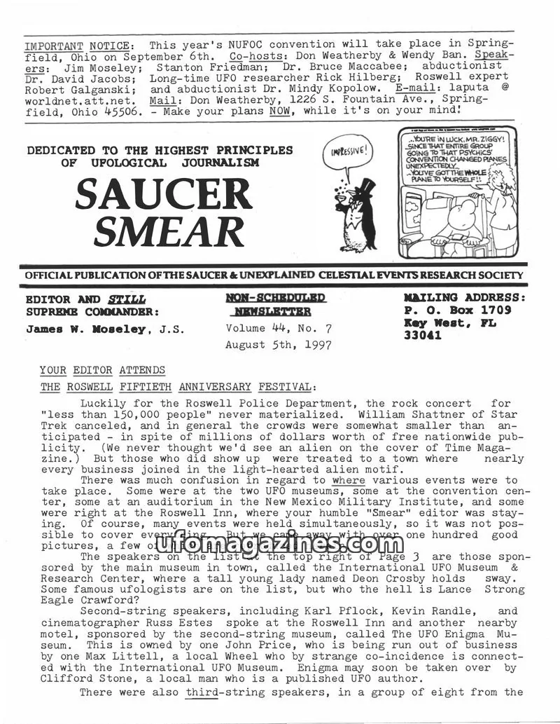 Cover of SAUCER & UNEXPLAINED CELESTIAL EVENTS RESEARCH SOCIETY issue 44, No. 7: SAUCER SMEAR