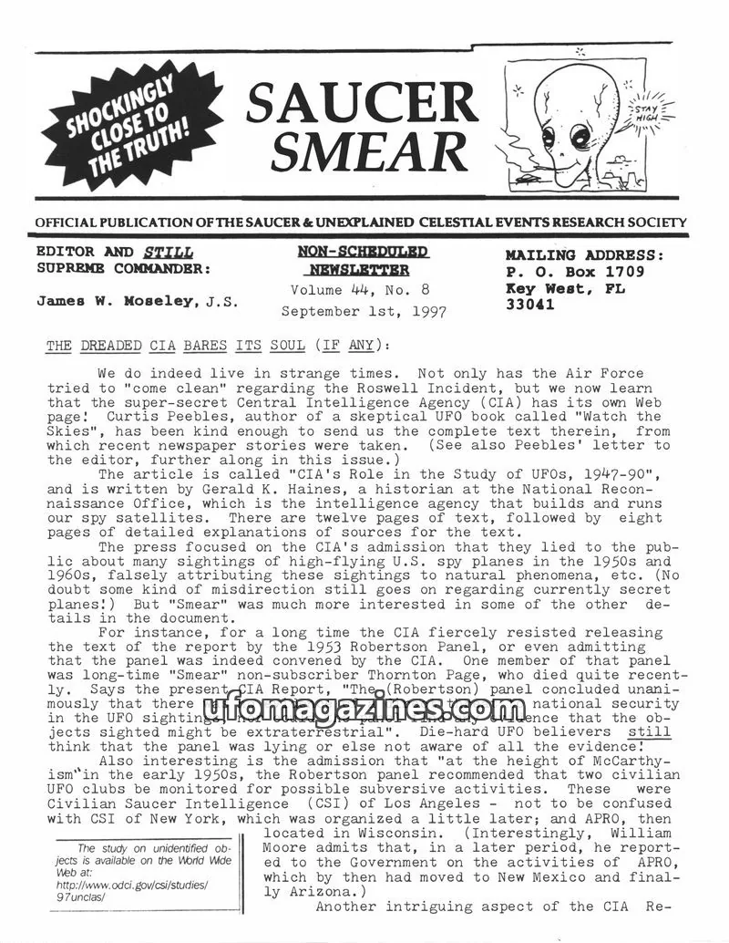 Cover of SAUCER & UNEXPLAINED CELESTIAL EVENTS RESEARCH SOCIETY issue Volume 44, No. 8: SAUCER SMEAR