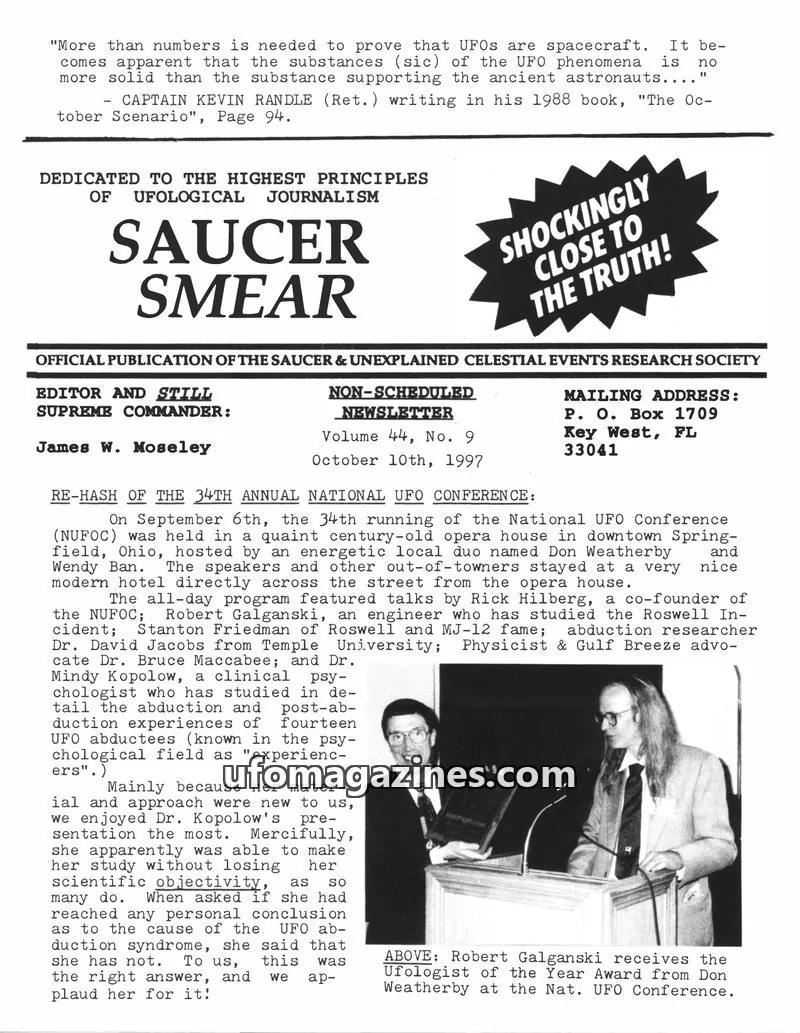 Cover of SAUCER & UNEXPLAINED CELESTIAL EVENTS RESEARCH SOCIETY issue Volume 44, No. 9: SAUCER SMEAR