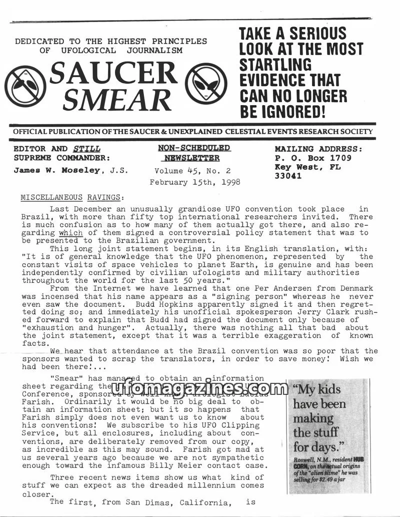 Cover of Saucer Smear (Jim Moseley) issue Volume 45, No. 2: SAUCER SMEAR