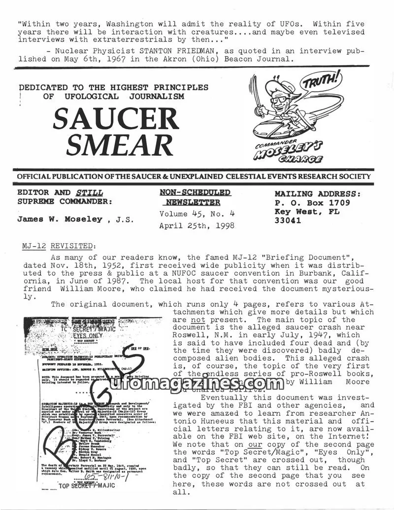 Cover of OFFICIAL PUBLICATION OF THE SAUCER & UNEXPLAINED CELESTIAL EVENTS RESEARCH SOCIETY issue Volume 45, No. 4: SAUCER SMEAR