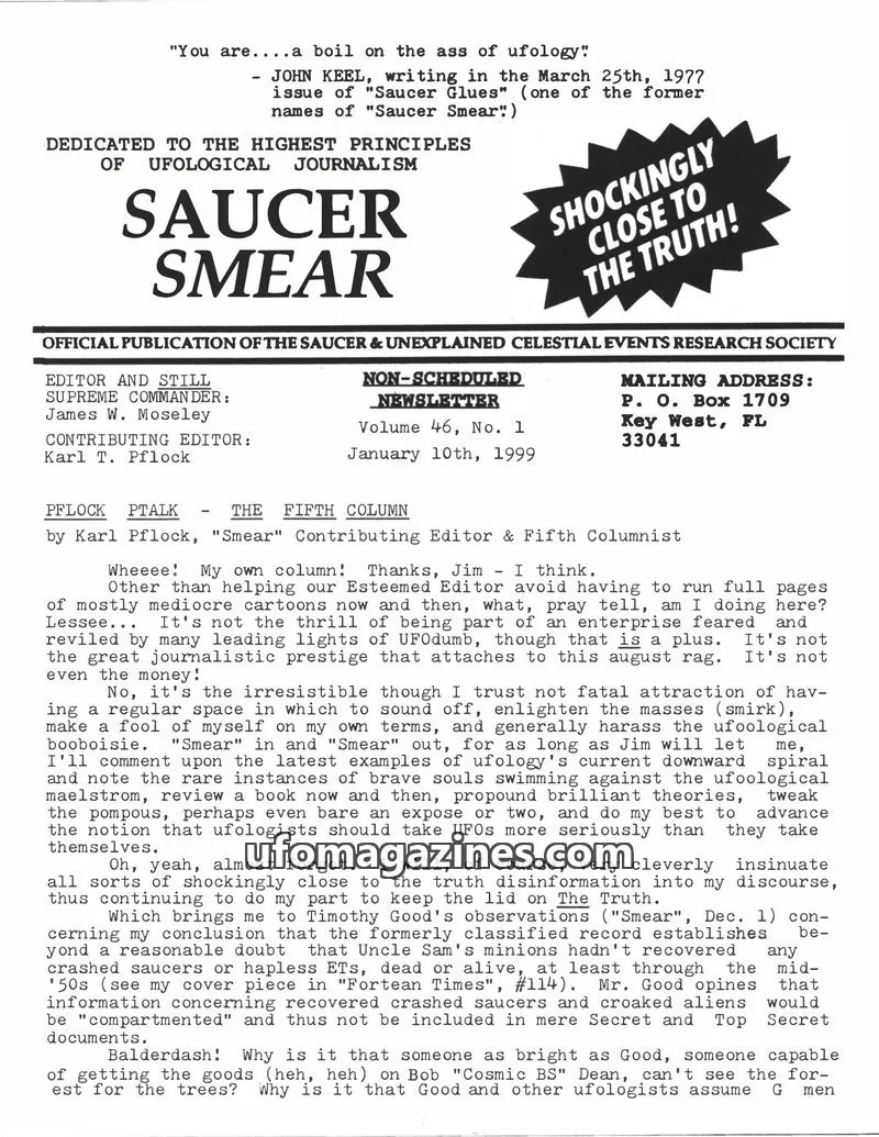 Cover of The Saucer & Unexplained Celestial Events Research Society issue Volume 46, No. 1: Saucer Smear