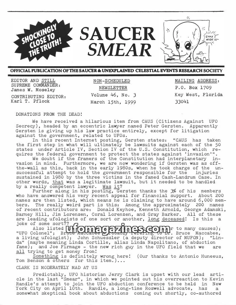 Cover of SAUCER & UNEXPLAINED CELESTIAL EVENTS RESEARCH SOCIETY issue Volume 46, No. 3: SAUCER SMEAR