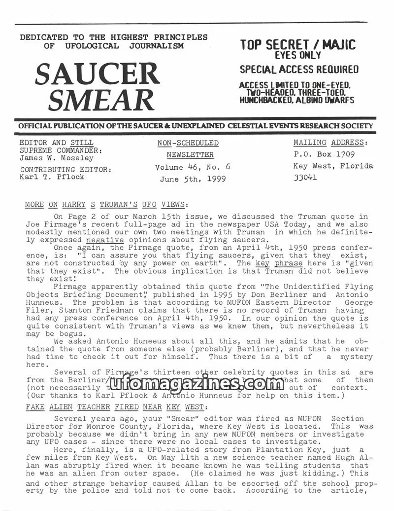 Cover of SAUCER & UNEXPLAINED CELESTIAL EVENTS RESEARCH SOCIETY issue Volume 46, No. 6: SAUCER SMEAR