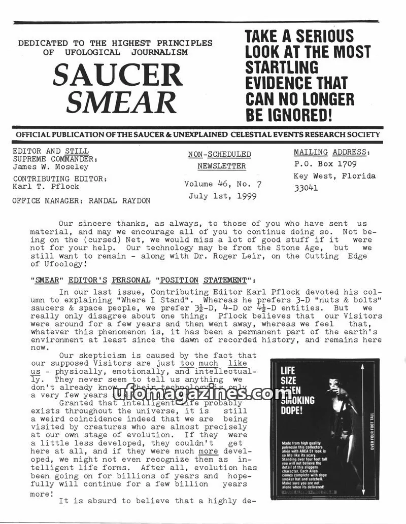 Cover of SAUCER & UNEXPLAINED CELESTIAL EVENTS RESEARCH SOCIETY issue Volume 46, No. 7: SAUCER SMEAR