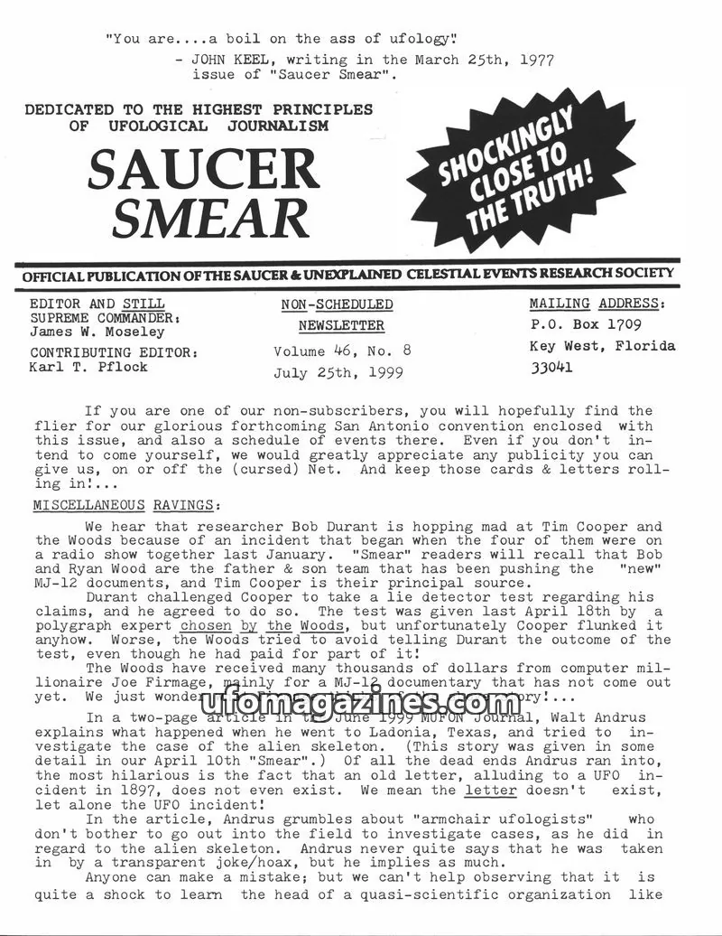 Cover of SAUCER & UNEXPLAINED CELESTIAL EVENTS RESEARCH SOCIETY issue Volume 46, No. 8: SAUCER SMEAR