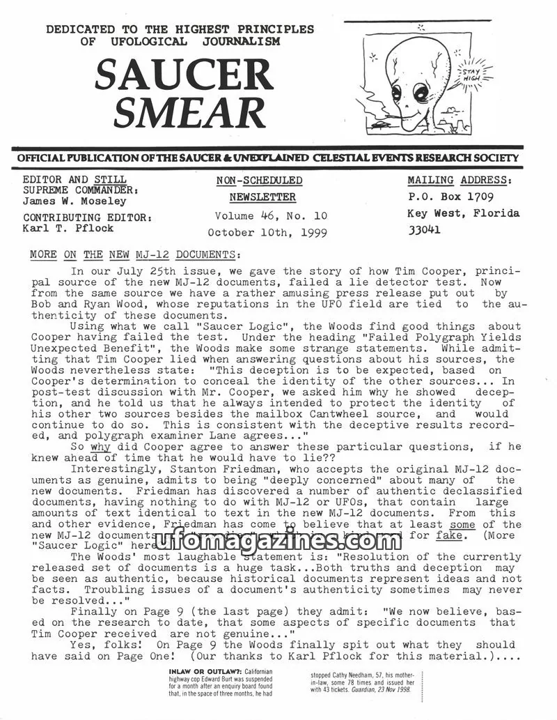 Cover of SAUCER & UNEXPLAINED CELESTIAL EVENTS RESEARCH SOCIETY issue Volume 46, No. 10: SAUCER SMEAR